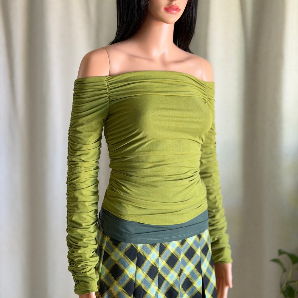Simon Miller Mesh Olive Green Ruched Off The Shoulder Long Sleeve Top Grunge M